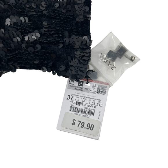 NWT Zara Sequin Velvet Fabric Ankle Boots - Black - Size 37 - Picture 9 of 9